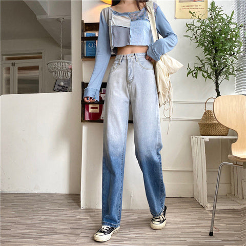 High Waist Gradient Loose Long Jeans