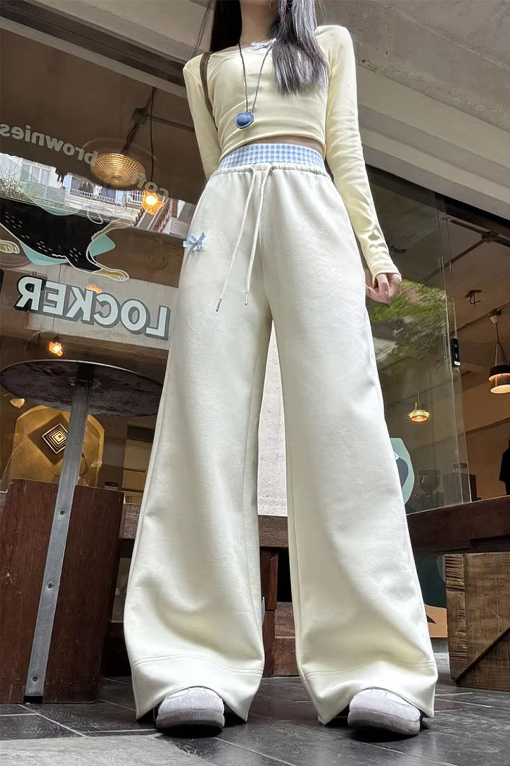 Cute Bow Plaid Waist Patchwork Loose Pants
