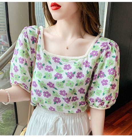 Puff Sleeve Daisy Floral Elegant Shirt
