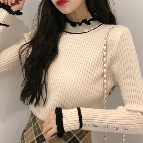 High Neck Lace Knitted Buttons Sweater