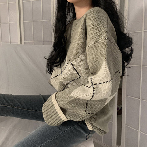 Long Sleeve Argyle Pattern Knitted Sweater