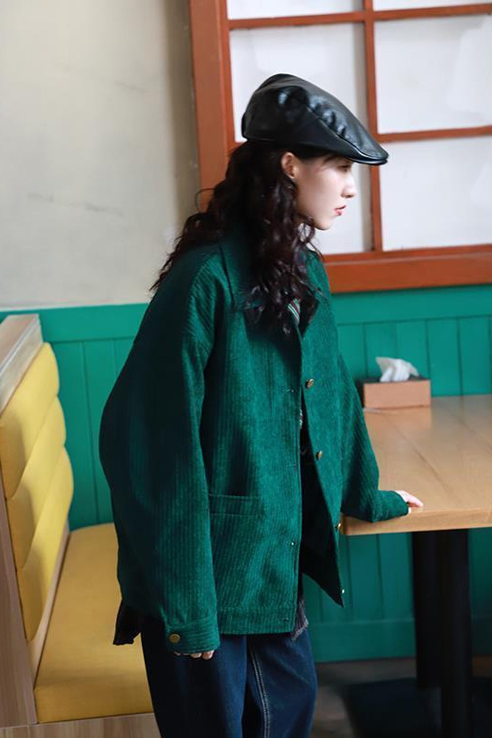 Solid Green Color Corduroy Basic Jacket