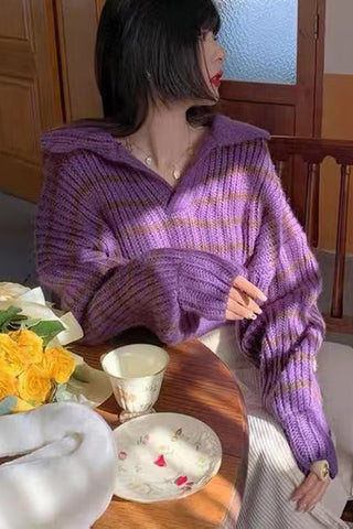 Long Sleeve Turn Down Collar Striped Cropped Sweater