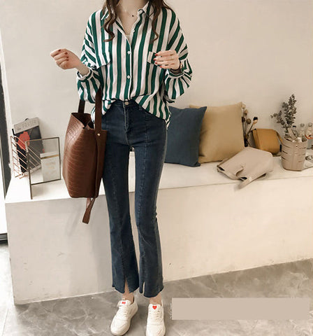 Long Sleeve Loose Striped Elegant Blouse Shirt