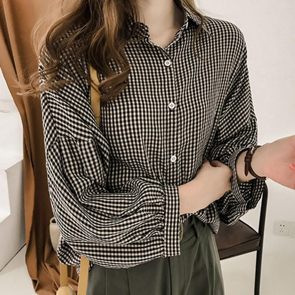 Long Sleeve Elegant Plaid Style Blouse Shirt