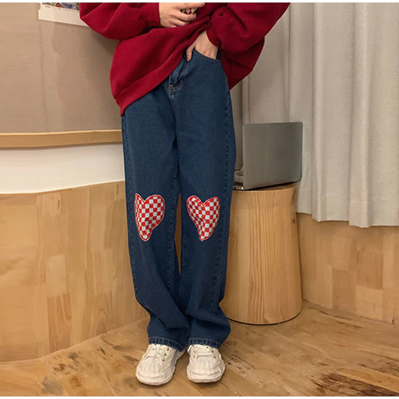 High Waist Love Plaid Pattern Jeans Pants