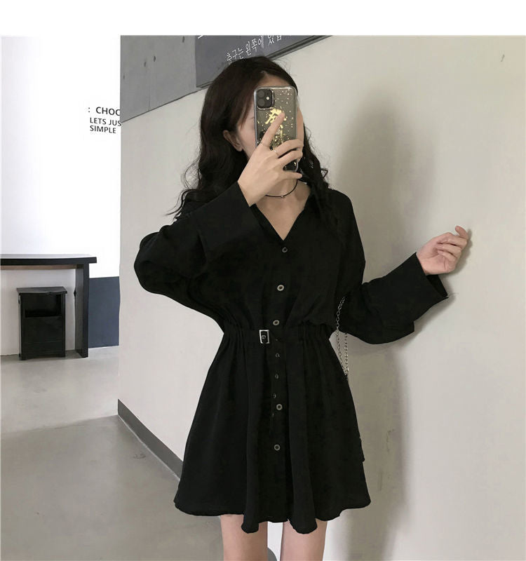 Long Sleeve Turn Down Collar Button Dress