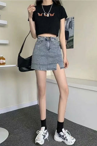 High Waist Front Slit Short Denim Skirts