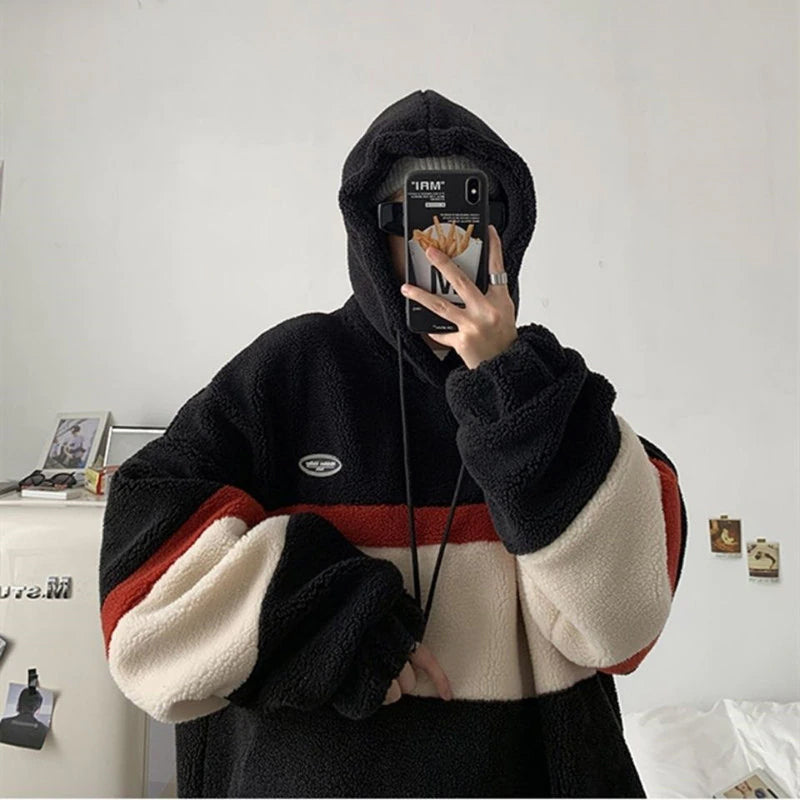 Loose Striped Fleece Hooded Sweatshirt