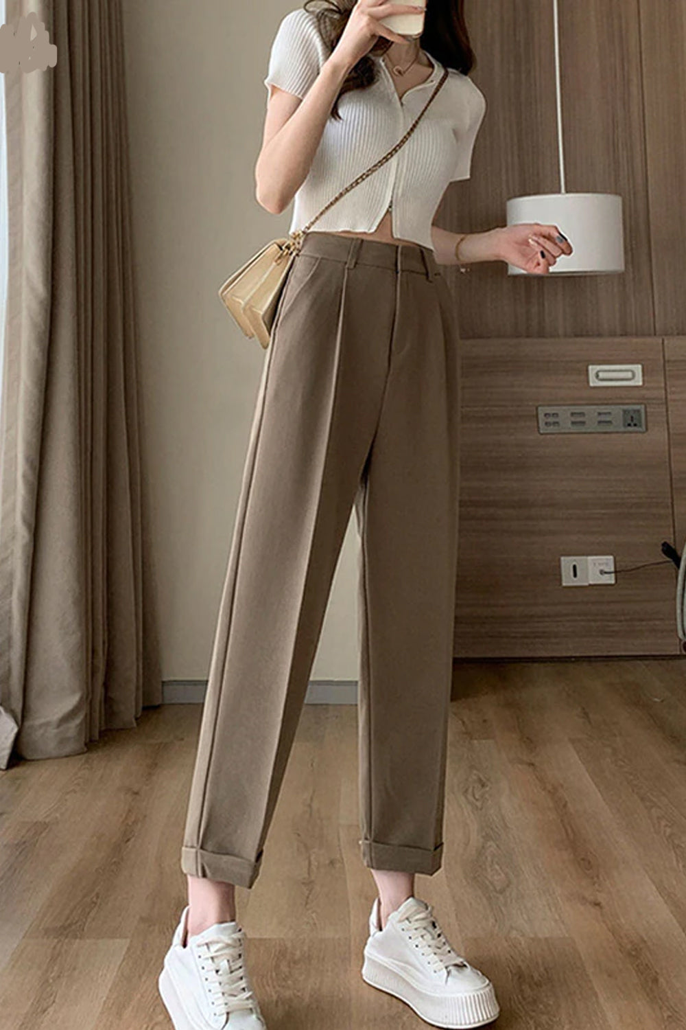 High Waist Pleated Ankle Length Long Pants