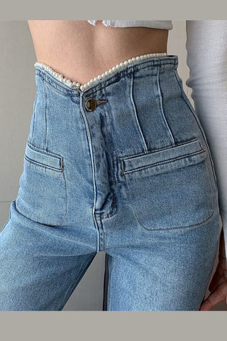 High Waist Pearl Wide Leg Jeans Pants