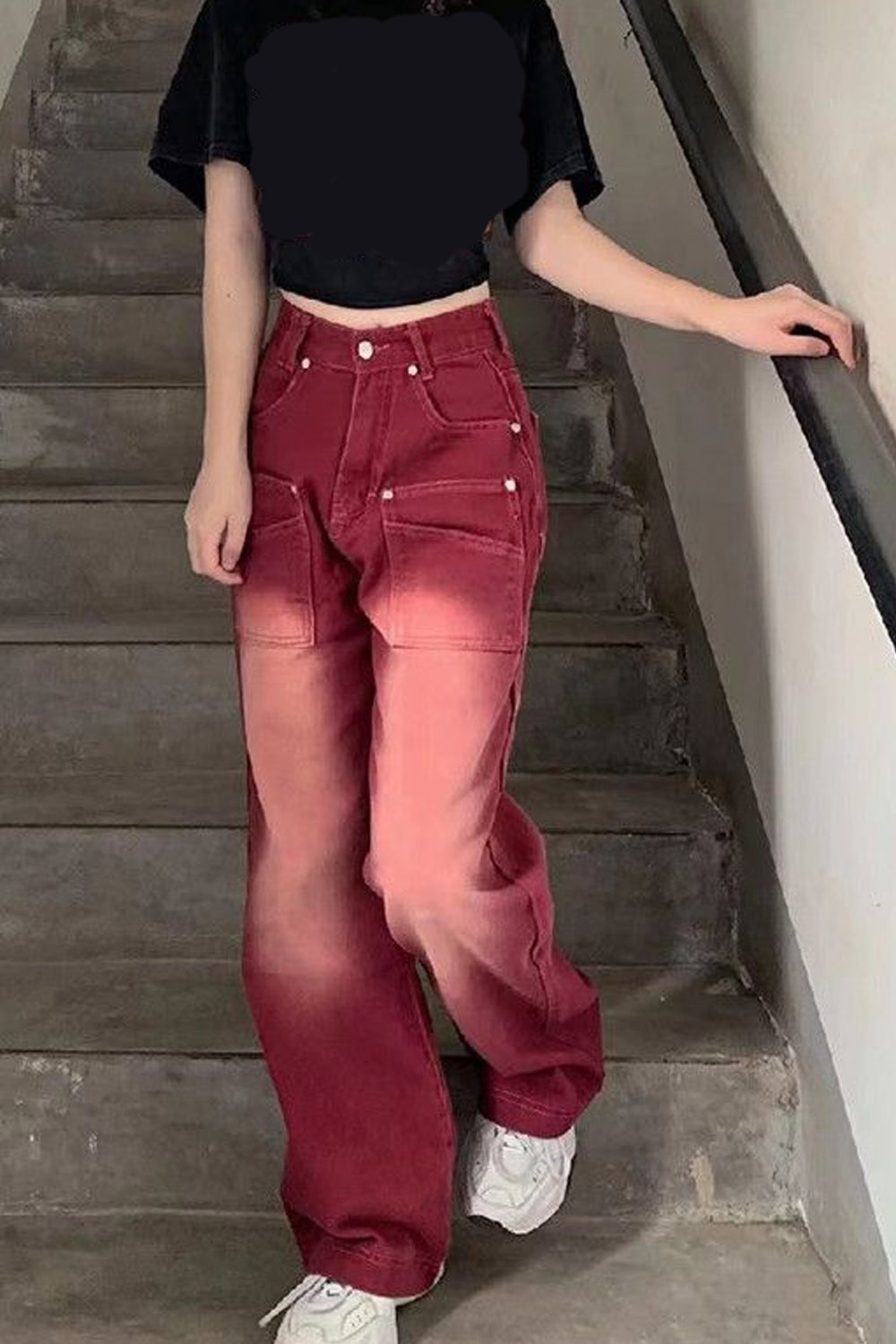 High Waist Retro Red Denim Long Pants