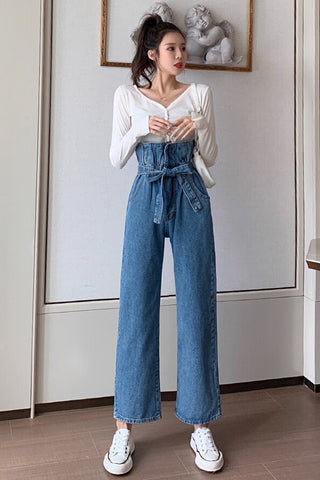 High Waist Belted Tie Loose Ankle Length Jeans