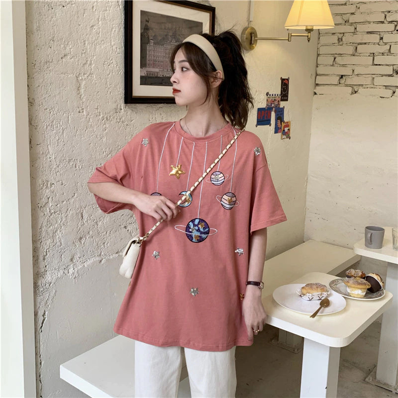 Cartoon Planet Embroidered Loose Shirt