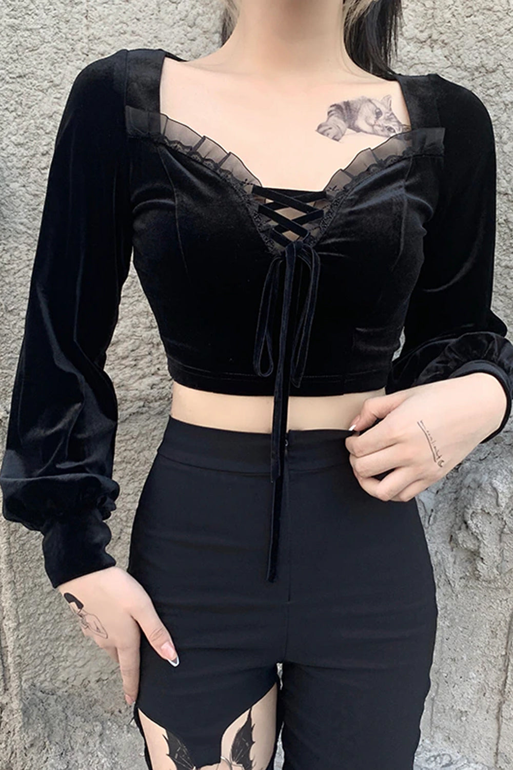 Sexy Goth Puff Sleeve Lace Cropped Tops