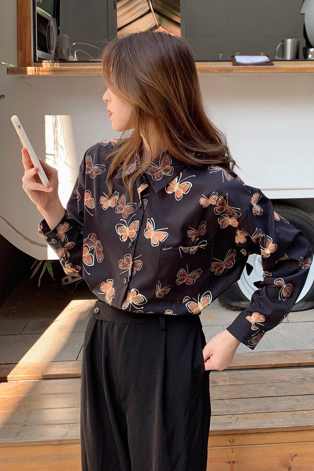 Long Sleeve Butterfly Printed Blouse Shirt