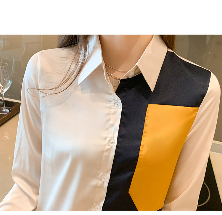 Half Color Block Satin Long Sleeve Blouse Shirt