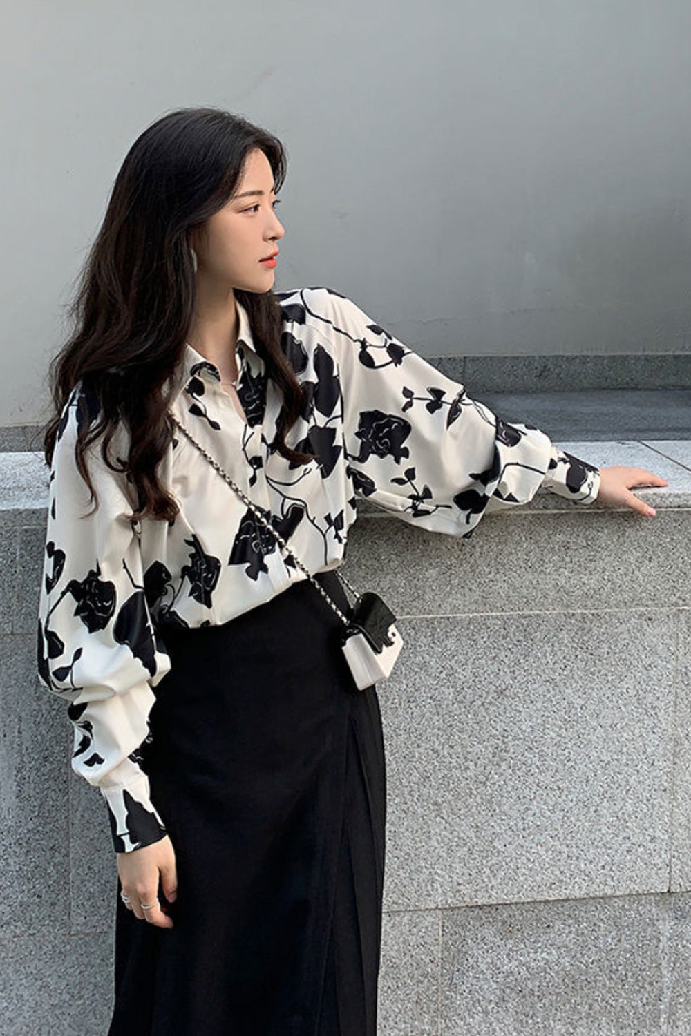 Black Floral Printed Long Sleeve Blouse Shirt