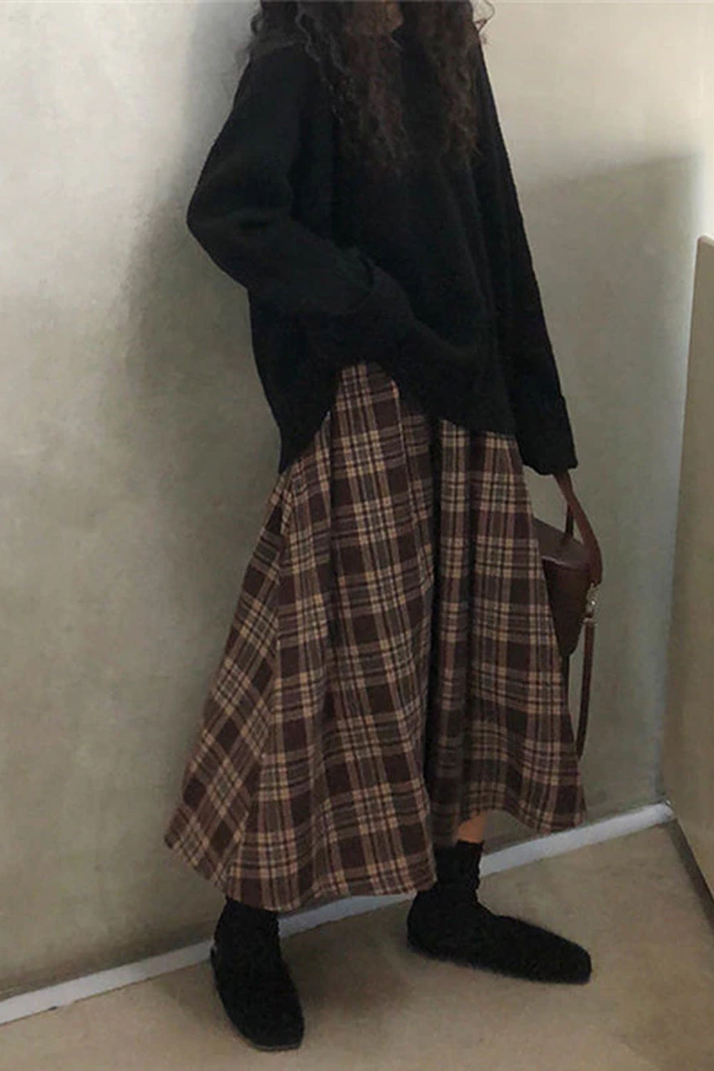 High Waist Brown Plaid Midi Skirt