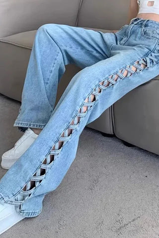 High Waist Side Cross Hollow Out Jeans Pants