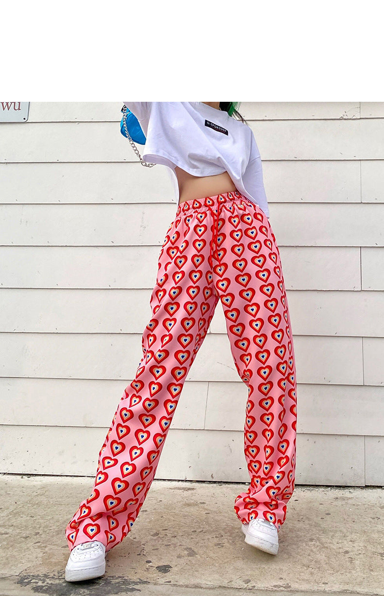 Heart Full Printed Long Straight Pink Pants