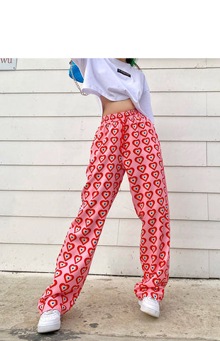 Heart Full Printed Long Straight Pink Pants
