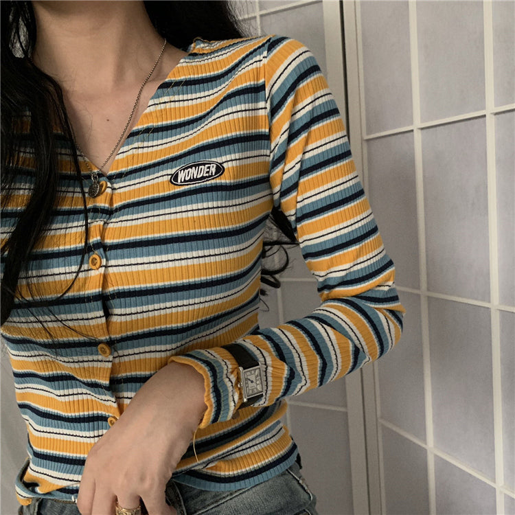 Chic V-Neck Striped Retro Sweater