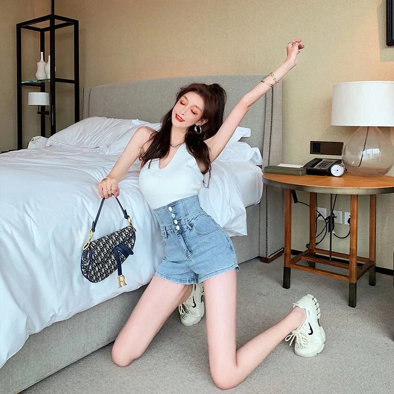 High Waist Extend Button Skinny Denim Shorts Jeans