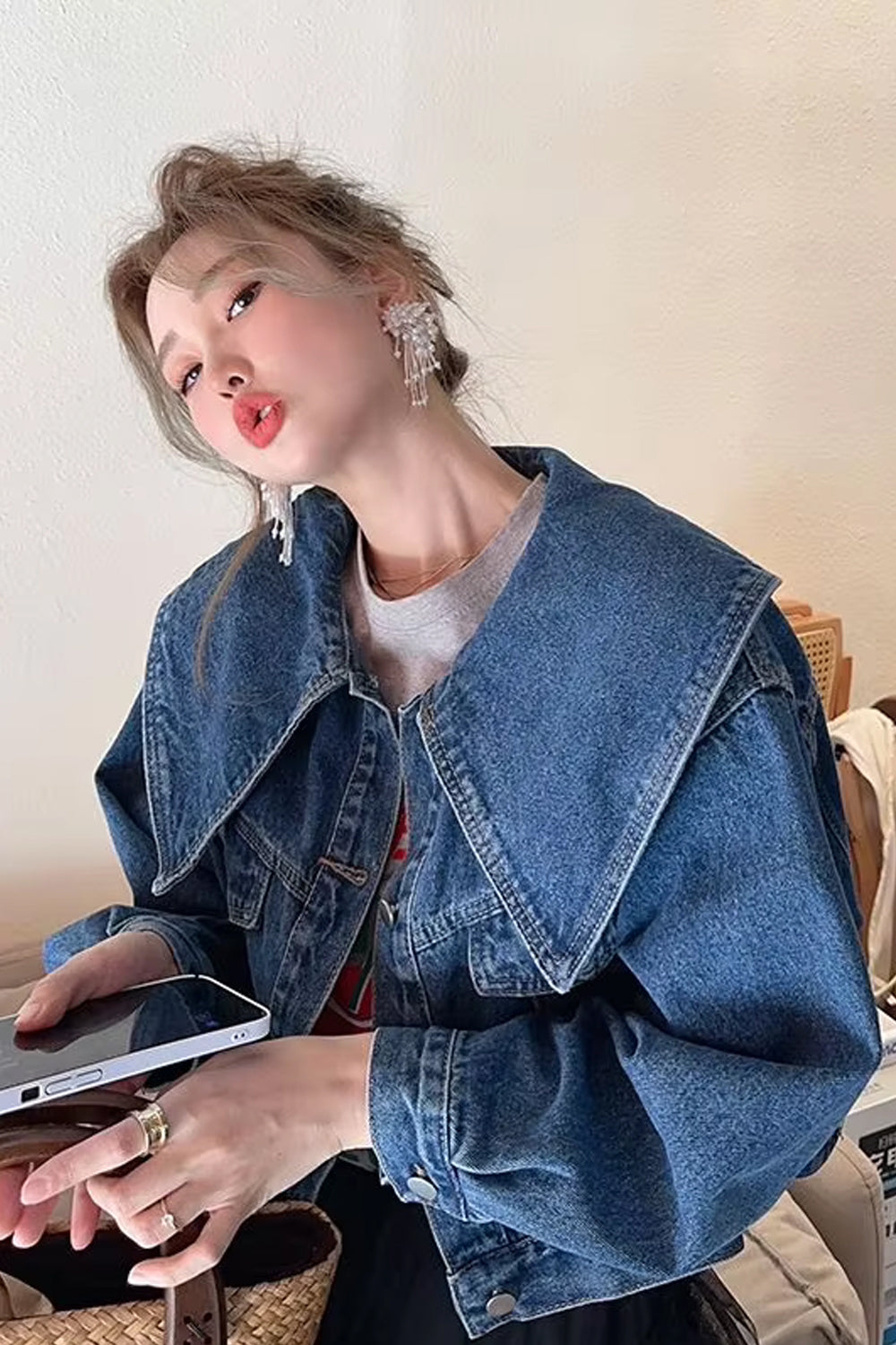 Loose Cute Peter Pan Collar Style Denim Jacket