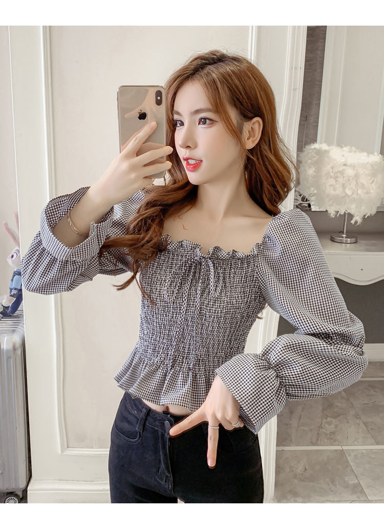 Long Sleeve Plaid Sexy Square Collar Bow Crop Tops