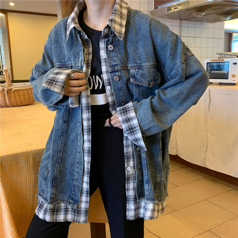 Plaid Spliced Loose Denim Jacket