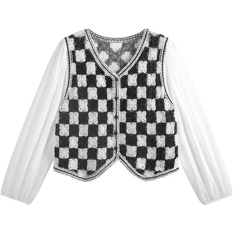 Long Sleeve V-Neck Transparent Checkerboard Crochet Shirts