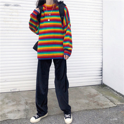 Loose Rainbow Stripe Knitted Sweater