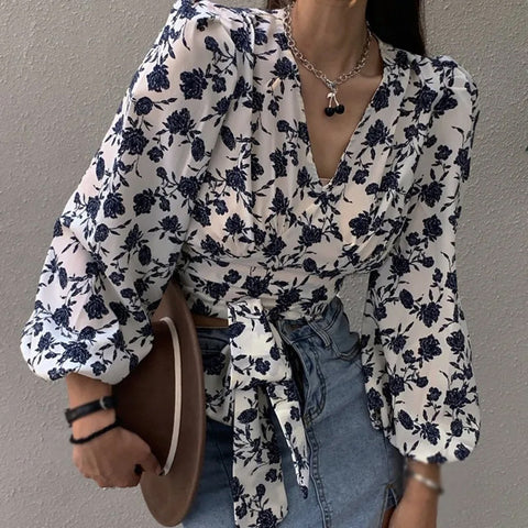 Long Sleeve V-Neck Chiffon Floral Shirt