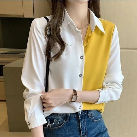 Long Sleeve Elegant Colors Combination Office Blouse Shirt