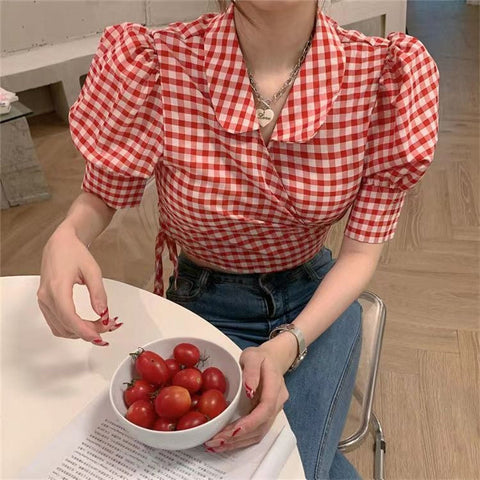 Puff Sleeve Retro Plaid Cropped Slim Shirts