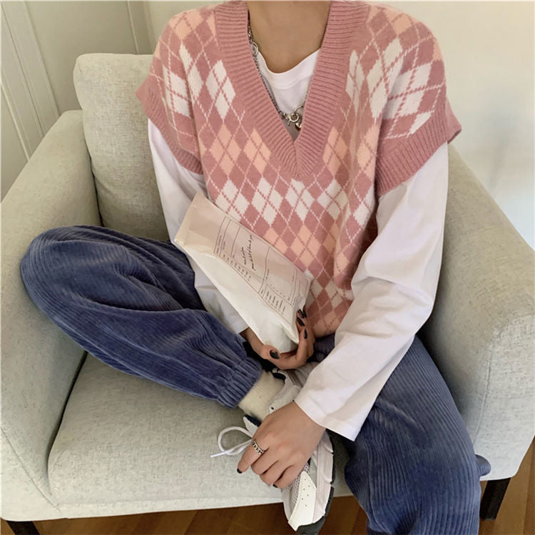 Pink Argyle Pattern V-Neck Knitted Vest Sweater