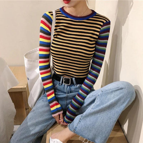 Striped Knitted Slim Crop Tops Long Sleeve Shirt