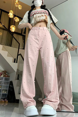 High Waist Cute Pearls Beaded Pink Jeans Pants
