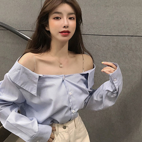 Sexy schulterfreie Bluse mit schrägem Kragen 