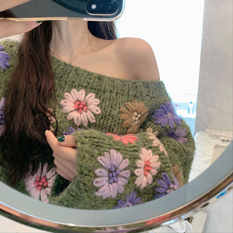 Sexy trägerloser Strickpullover mit Blumenstickerei