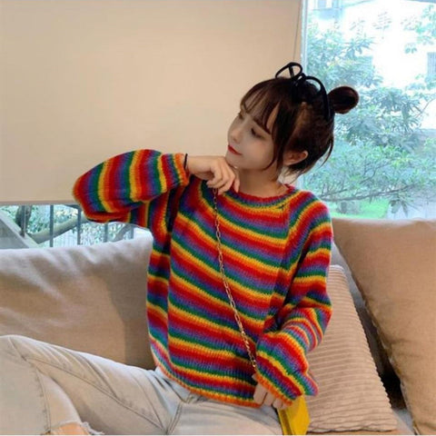 Rainbow Striped Casual Cropped Sweater