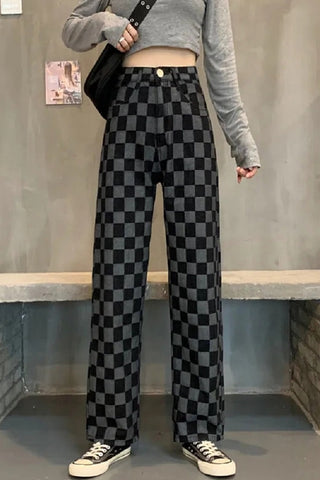High Waist Plaid Checkerboard Denim Pants