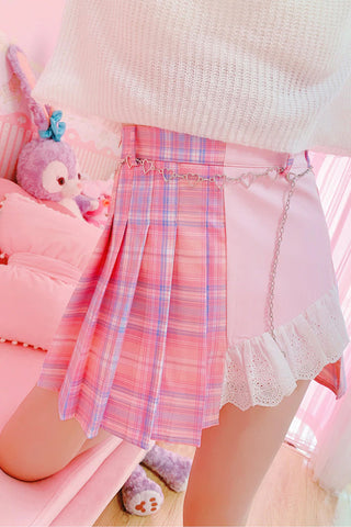 High Waist Lace Trim Half Colors Irregular Plaid Skirt