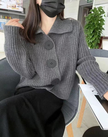 Long Sleeve Big Button Knitted Lapel Collar Sweater