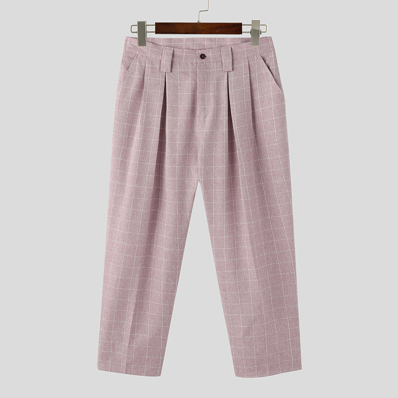 High Waist Casual Plaid Men Ankle Pants