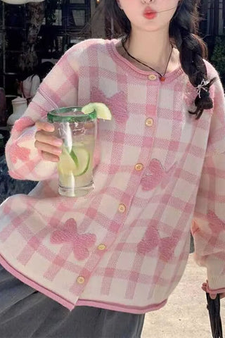 Long Sleeve Bow Plaid Knitted Cardigan Sweater
