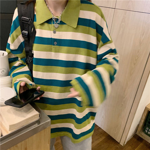 Striped Turn Down Collar Long Sleeve Shirt