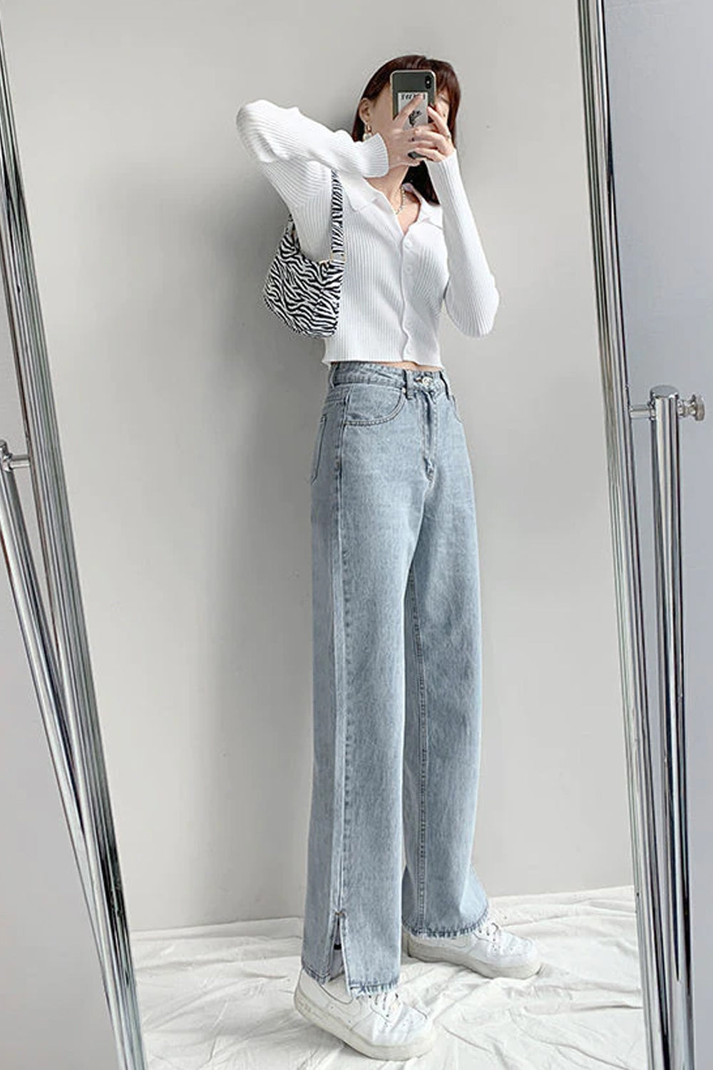 High Waist Split Cut Wide Leg Jeans Pants