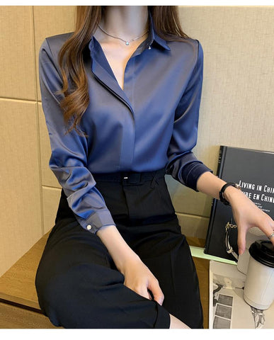 Satin Langarm Büro Bluse Shirt 